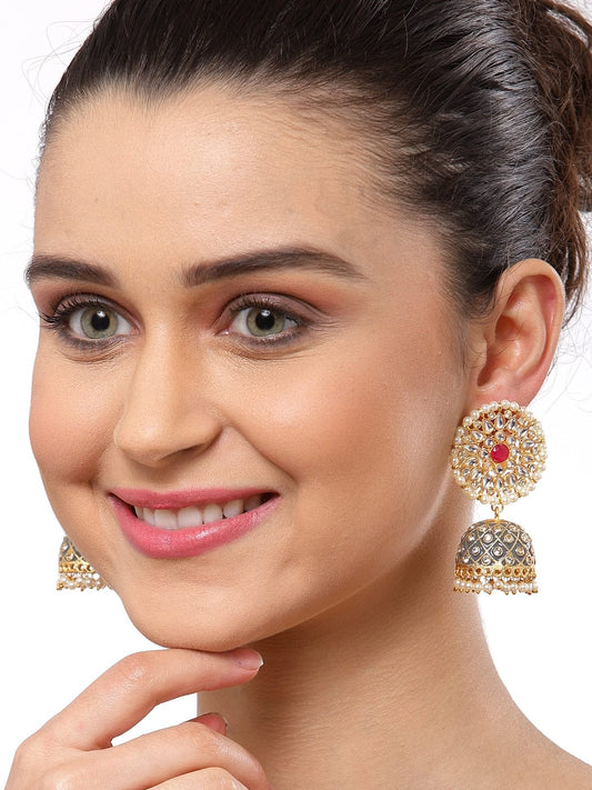 Grey & White Gold-Plated Dome Shaped Jhumkas Earrings