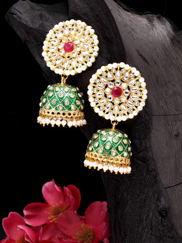 Gold-Plated Green Hand Painted Meenakari Kundan & Pearls Studded Jhumkas