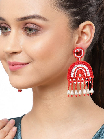 Red & White Geometric Drop Earrings