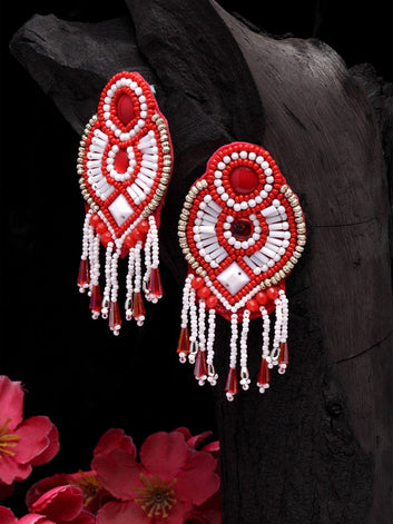 Silver-Plated Red & White Handcrafted Contemporary Studs Earrings