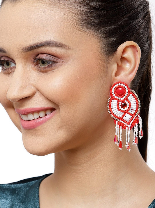 Silver-Plated Red & White Handcrafted Contemporary Studs Earrings