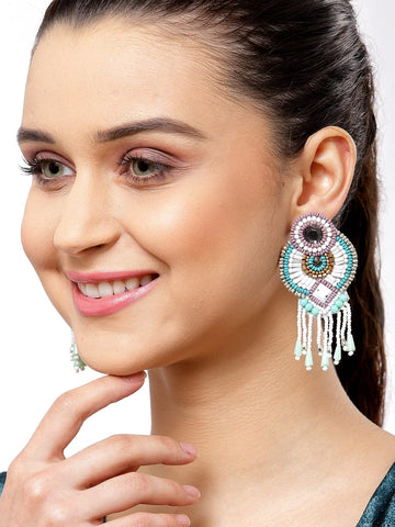 White Turquoise Blue & White Artificial Beads & Stones Drop Earrings