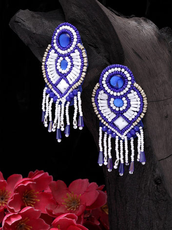 Silver-Plated & Blue Contemporary Drop Earrings