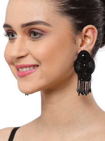 Silver-Plated Black Handcrafted Contemporary Drop Earrings