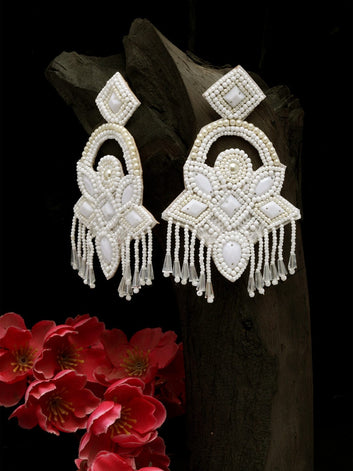 Gold-Plated & Off White Tasselled Contemporary Afghan Drop Earrings