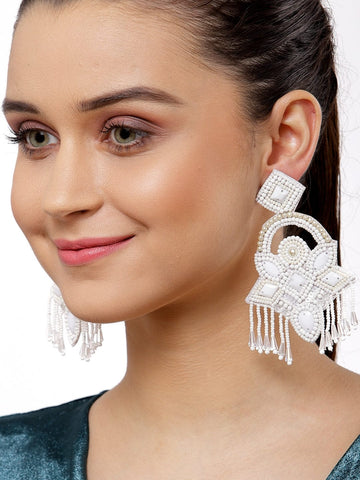 Gold-Plated & Off White Tasselled Contemporary Afghan Drop Earrings