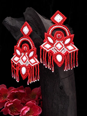 Silver-Plated Red & White Handcrafted Contemporary Drop Earrings