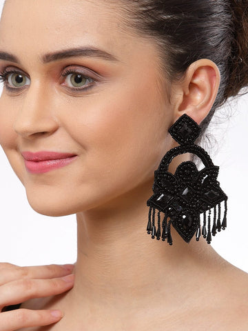 Silver-Plated & Black Contemporary Drop Earrings