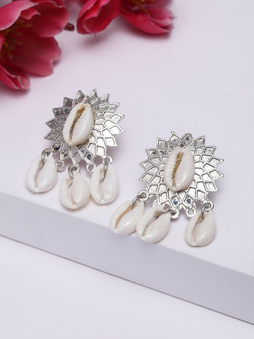 Silver-Plated Cowri Studded Handcrafted Contemporary Drop Earrings