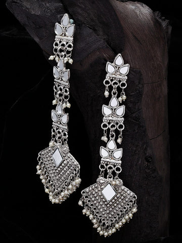 Silver-Plated Mirrors Studded Design Oxidised Contemporary Drop Earrings