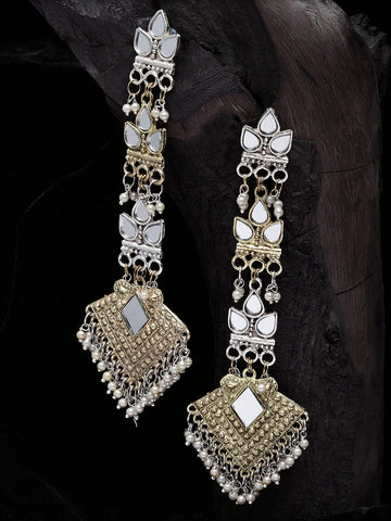 Gold-Toned Oxidised Silver Plated Mirror Tasselled Handcrafted Drop Earrings