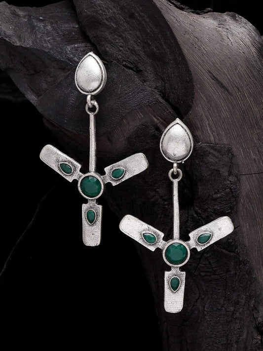 Silver-Plated & Green Contemporary Drop Earrings