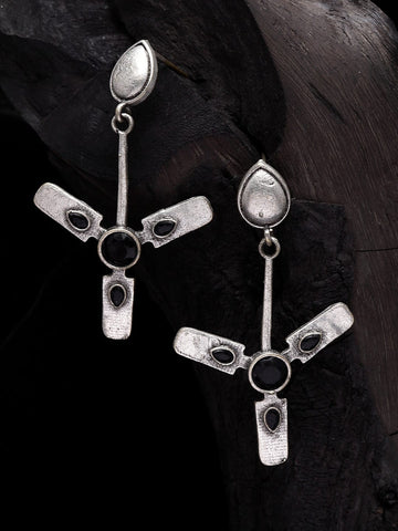 Silver-Plated & Black Contemporary Drop Earrings