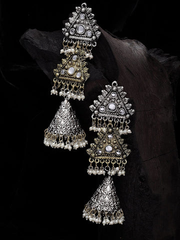 Women Silver-Toned & Stones Studded Classic Jhumkas Earrings