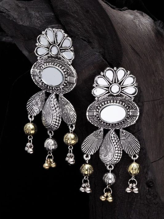 Women Silver-Toned Mirror Studded Oxidised Contemporary Drop Earrings