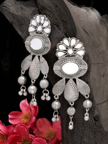 Silver-Plated Mirror Studded Contemporary Drop Earrings