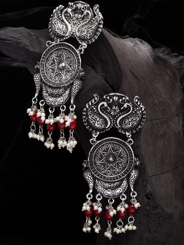 Silver-Toned Peacock Shaped Drop Earrings
