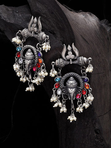 Silver-Plated Oxidised Ganesha Look Drop Earrings