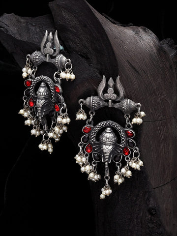 Silver-Plated & Red Contemporary Jhumkas Earrings