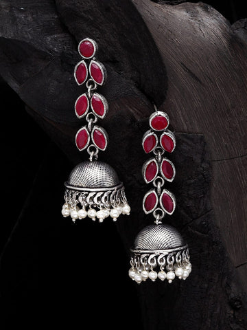 Red Silver-Plated Classic Jhumkas Earrings