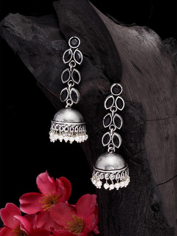 Silver-Plated Black Handcrafted Oxidised Leaf Shaped Jhumkas