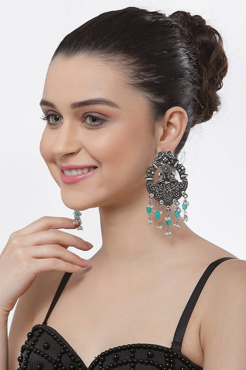 Silver-Plated & Blue Handcrafted Oxidised Peacock Shaped Drop Earrings