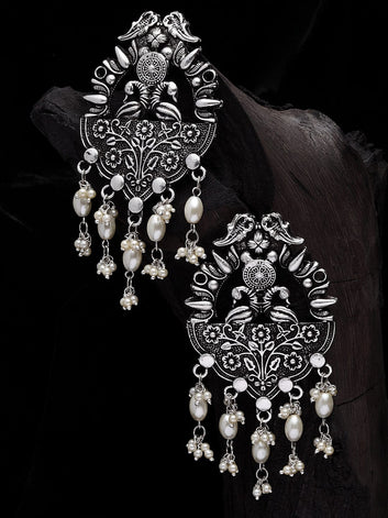 Silver-Plated & Off White Oxidised Handcrafted Peacock Shaped Drop Earrings
