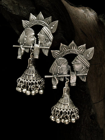 Gunmetal-Toned Handcrafted Radha Krishna Design Oxidised Temple Jhumkas