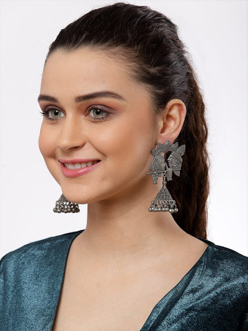 Gunmetal-Toned Handcrafted Radha Krishna Design Oxidised Temple Jhumkas