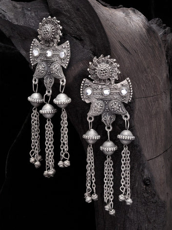 Gunmetal-Toned Silver-Plated Classic Drop Earrings