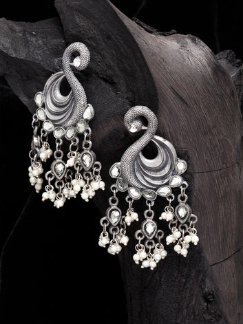 Silver-Plated Peacock Shaped Drop Earrings