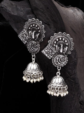 Silver-Plated Oxidised Peacock Shaped Jhumkas Earrings