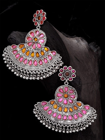 Silver-Plated Pink Hand Painted Meenakari Contemporary Chandbalis Earrings