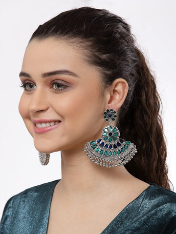 Silver-Plated Crescent Shaped Meenakari Drop Earrings