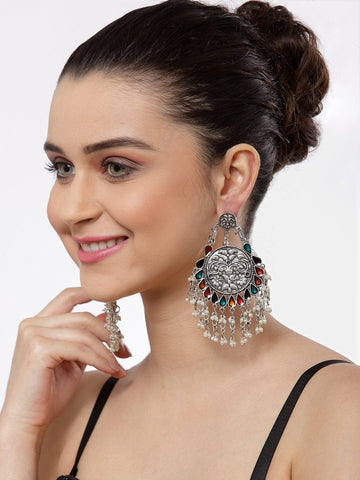 Silver-Plated & Red Hand Painted Meenakari Contemporary Drop Earrings