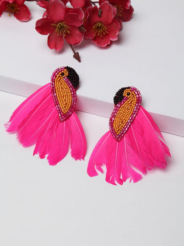 Silver-Plated Beaded Peacock Shaped Tasselled Drop Earrings