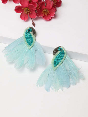 Peacock Shaped Beads & Feathers Work Drop Earrings