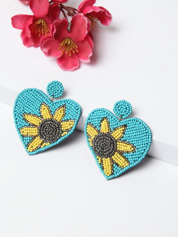 Silver-Plated Beaded Heart Shaped Drop Earrings