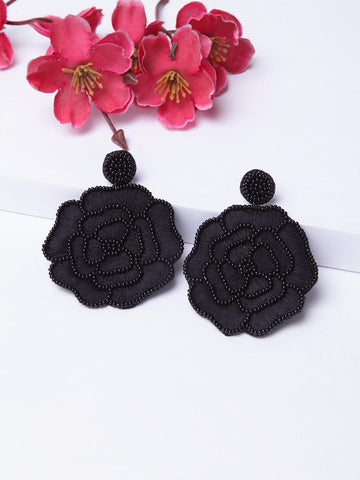 Black Beads Studded Floral Contemporary Design Embroidered Drop Earrings