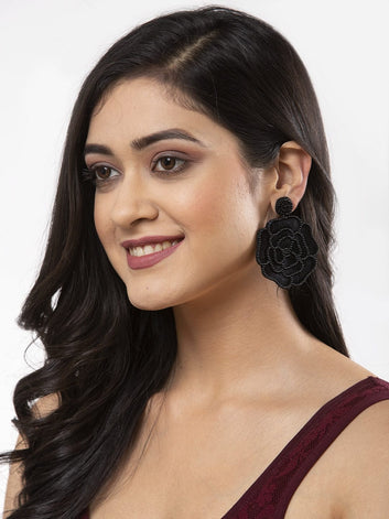 Black Beads Studded Floral Contemporary Design Embroidered Drop Earrings