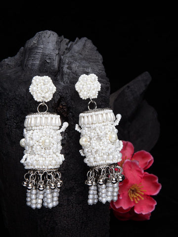 Off White Beads & Pearls Tasselled Contemporary Design Silver Plated Jhumkas