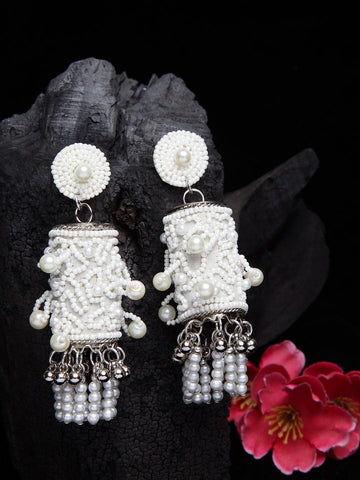 Off White Beads & Pearls Tasselled Contemporary Design Silver Plated Jhumkas