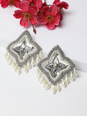 Silver-Toned & Off White Beads & Sequins Contemporary Design Studs