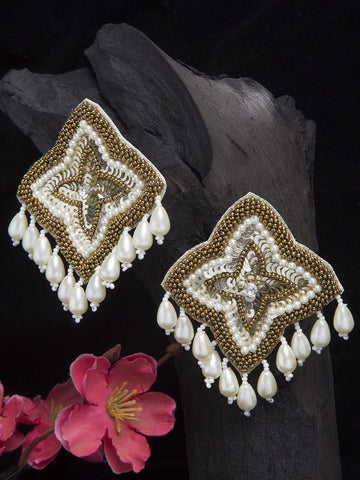 Gold-Toned & White Contemporary Handcrafted Studs Earrings