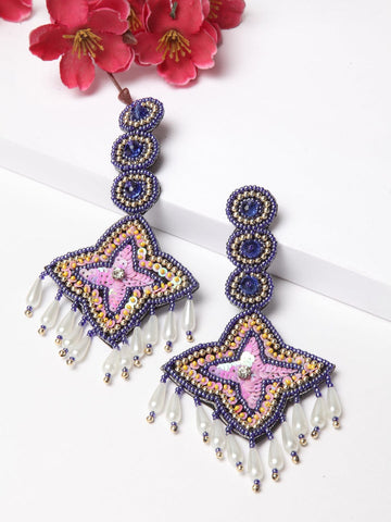 Blue and Yellow Beads & Sequins Tasselled Handcrafted Earrings