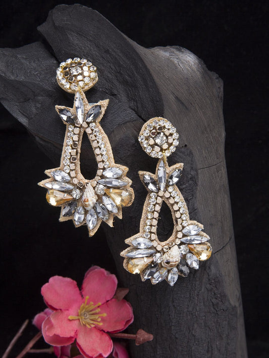 Champagne & White Stone and Crystals Embellished Drop Earrings
