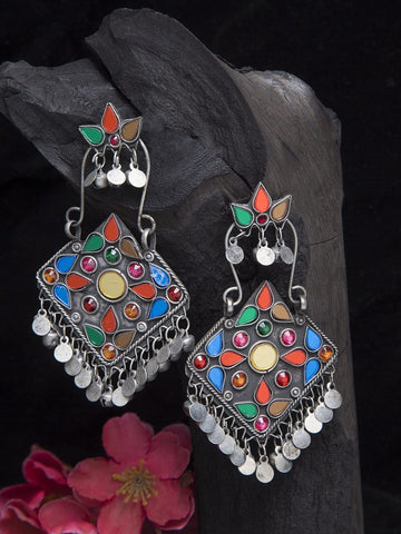 Multicoloured Mirror Studded Afghan Design Oxidised Handcrafted Drop Earrings