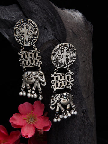 Gunmetal-Toned Silver-Plated Oxidised Drop Earrings
