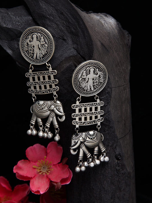 Gunmetal-Toned Silver-Plated Oxidised Drop Earrings