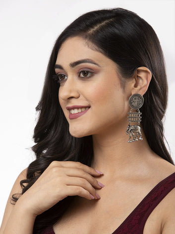 Gunmetal-Toned Silver-Plated Oxidised Drop Earrings